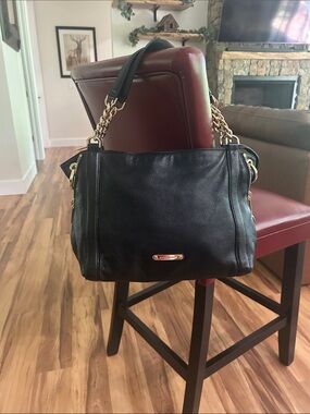 Michael Kors Black Leather Shoulder Bag with Gold Chain Accents